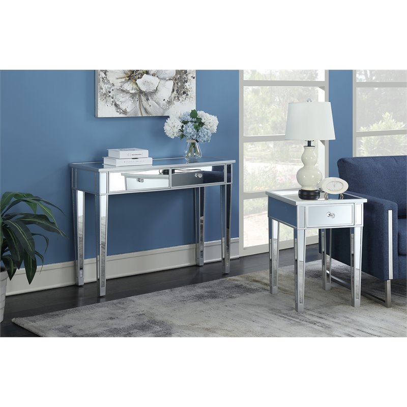 Home Square 2 Piece End Table with Drawer and Mirrored Glass Set in Silver