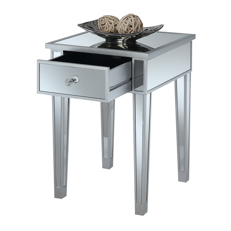 Home Square 2 Piece End Table with Drawer and Mirrored Glass Set in Silver