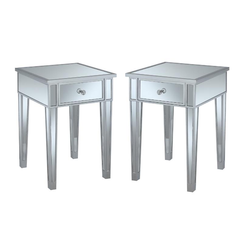 Home Square 2 Piece End Table with Drawer and Mirrored Glass Set in Silver