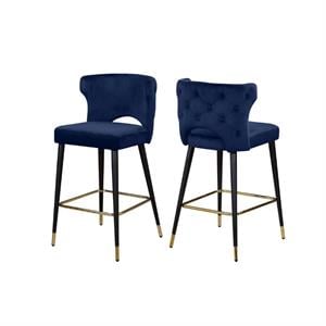 Home Square 2 Piece Upholstered Velvet Bar Stool Set in Navy