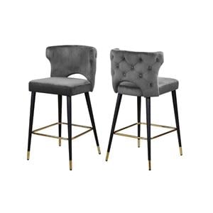Home Square 2 Piece Upholstered Velvet Bar Stool Set in Gray