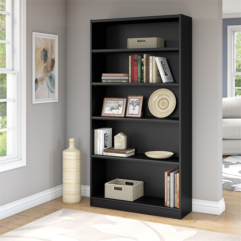 Home Square 5 Shelf Wood Bookcase Set in Classic Black (Set of 2)