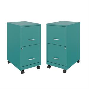 Home Square 2 Drawer Metal Mobile Filing Cabinet Set in Turquoise (Set of 2)