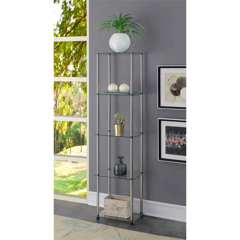 Home Square Four Shelf Glass Tower Bookcase Set in Clear (Set of 2)