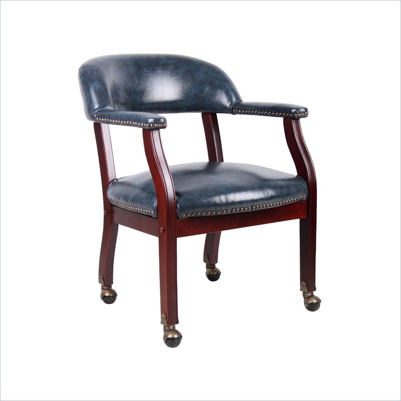 Home Square 2 Piece Casters Captains Chair Set in Blue and Mahogany