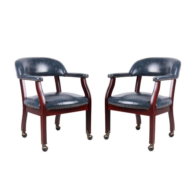 Home Square 2 Piece Casters Captains Chair Set in Blue and Mahogany