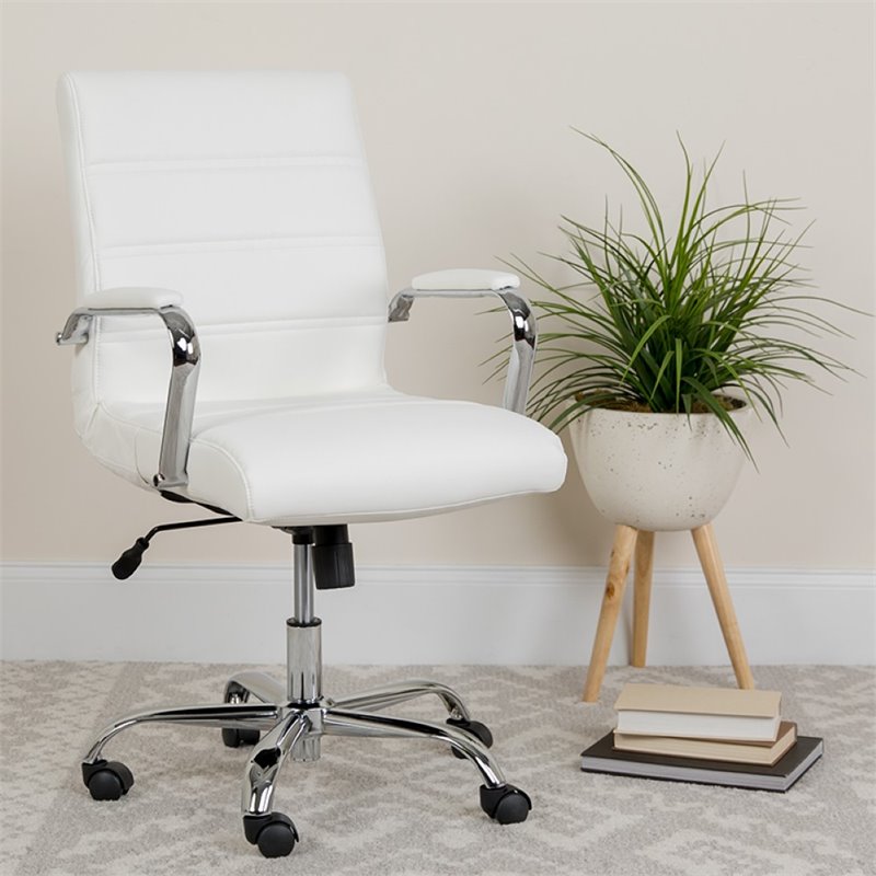 Home Square 2 Piece Swivel Soft Leather Office Chair Set in White and Chrome