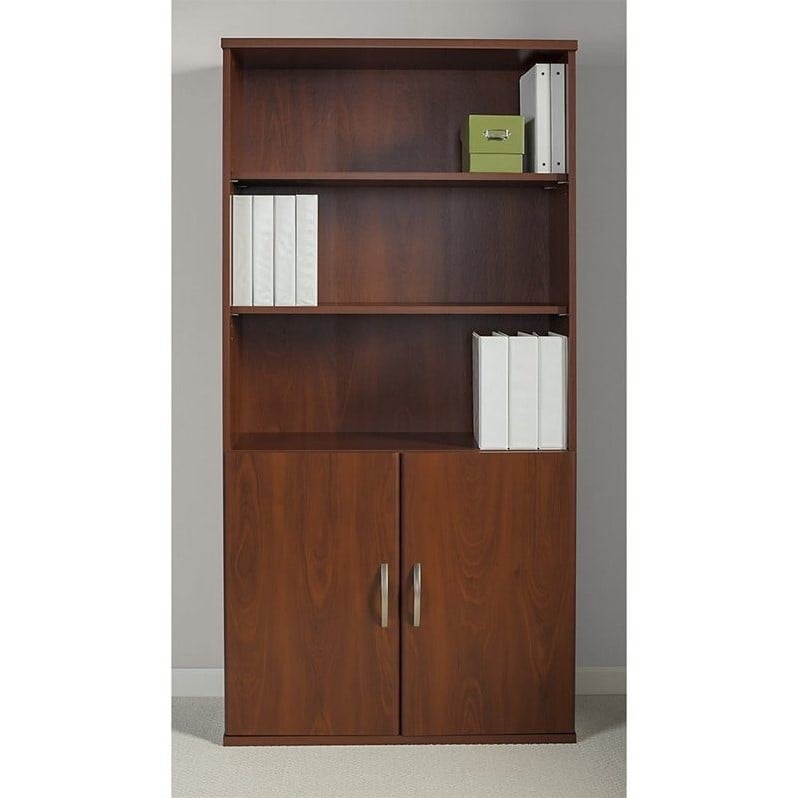 Home Square 5 Shelf Bookcase with Doors Set in Hansen Cherry (Set of 2)