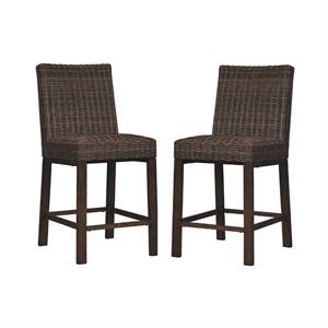 home square 2 piece wicker rattan patio bar stool set in brown
