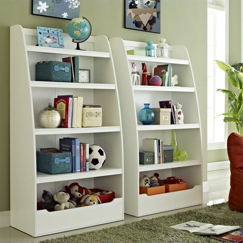 Home Square 4-shelf Wood Bookcase Set in White (Set of 2)