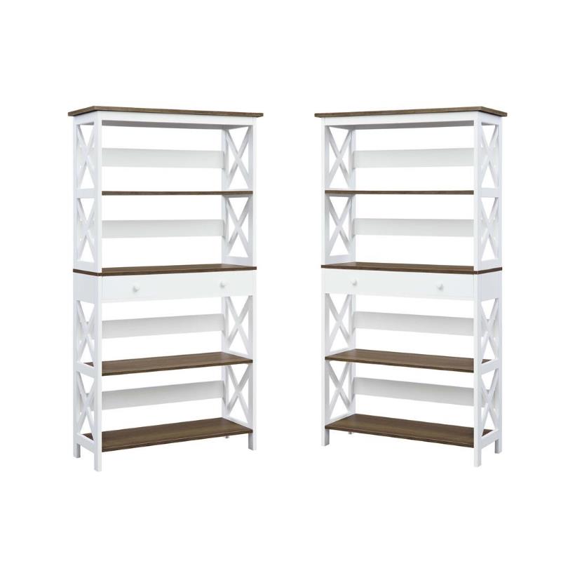 Home Square 5 Tier Shelf Driftwood Bookcase Set in White (Set of 2)