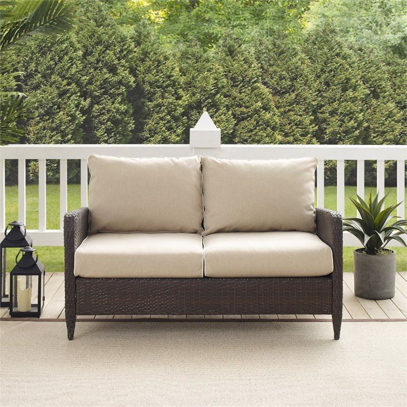 Home Square 2 Piece Outdoor Wicker Polyester Loveseat Set in Beige