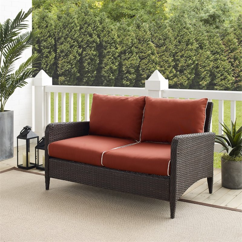 Home Square 2 Piece Outdoor Wicker Polyester Loveseat Set in Sangria