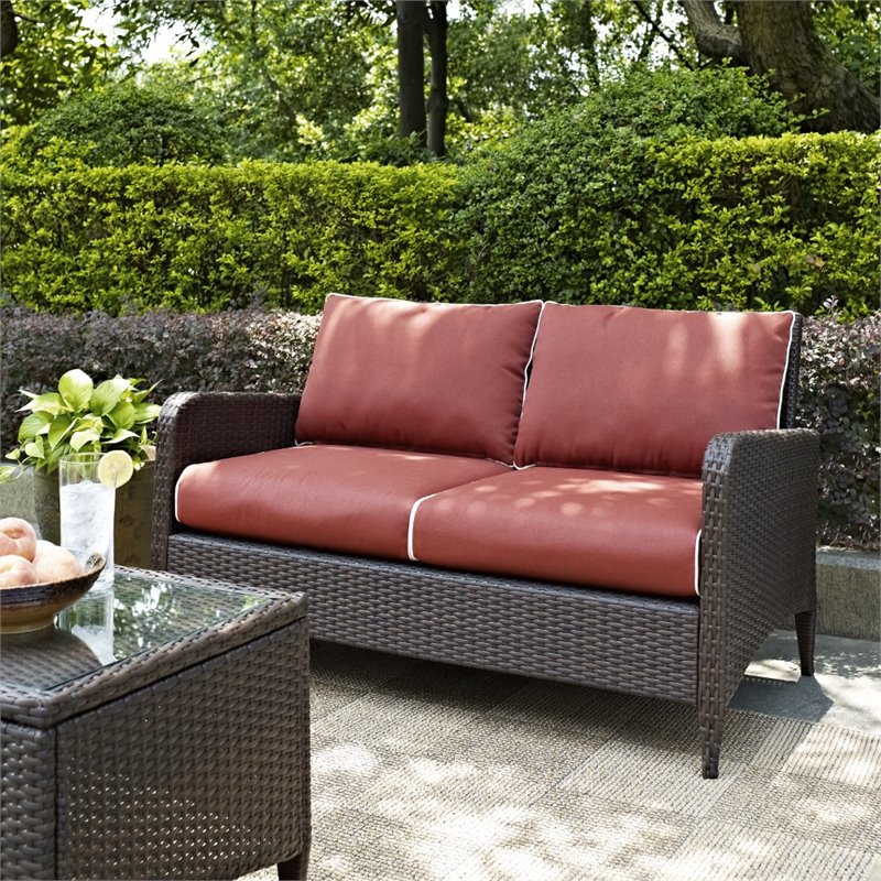 Home Square 2 Piece Outdoor Wicker Polyester Loveseat Set in Sangria
