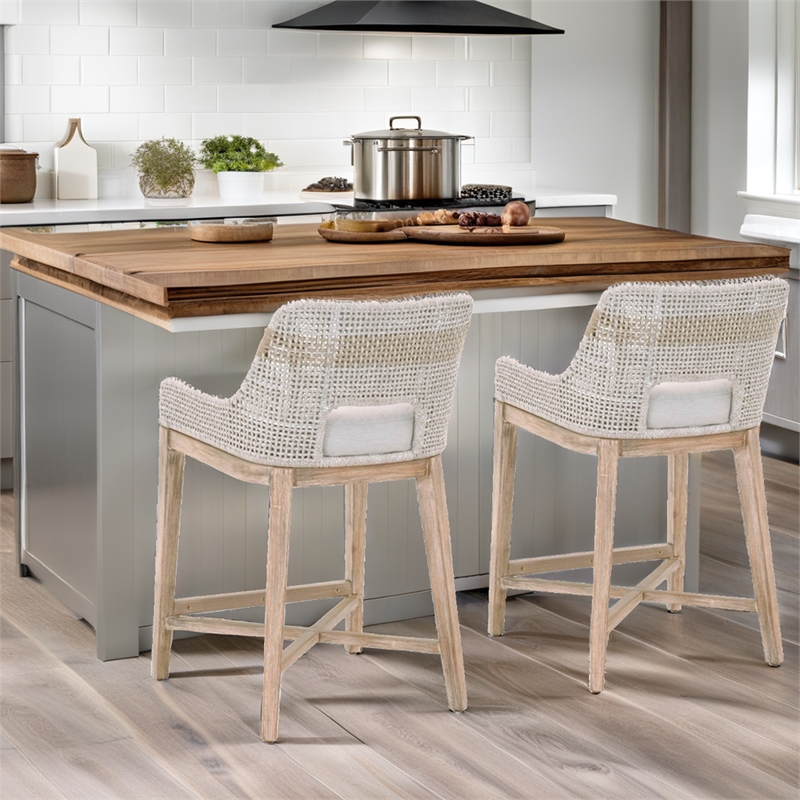 Home Square Transitional Beige 2 Piece Flat Rope Wood Frame Counter Stool Set