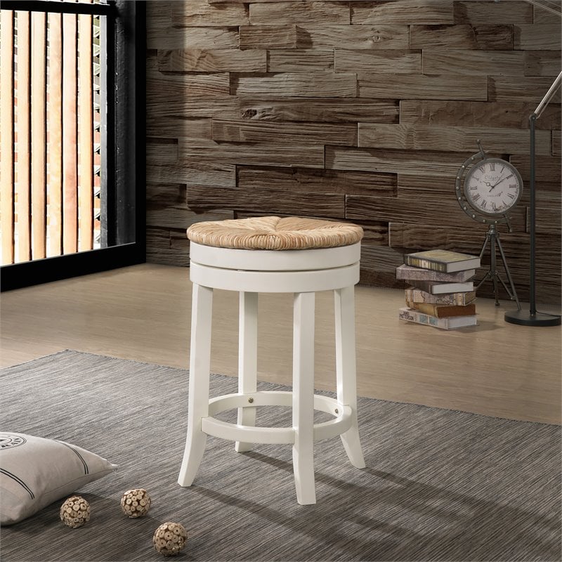 Home Square 2 Piece Swivel Rush Seat Counter Stool Set in Antique White