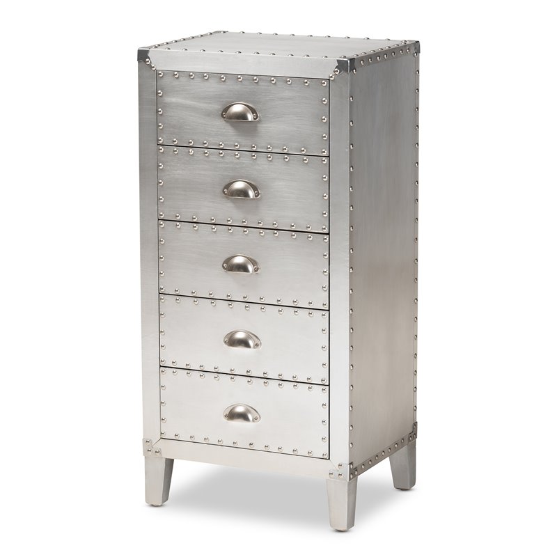 Home Square 2 Piece 5-Drawer Metal Accent Chest Set in Silver