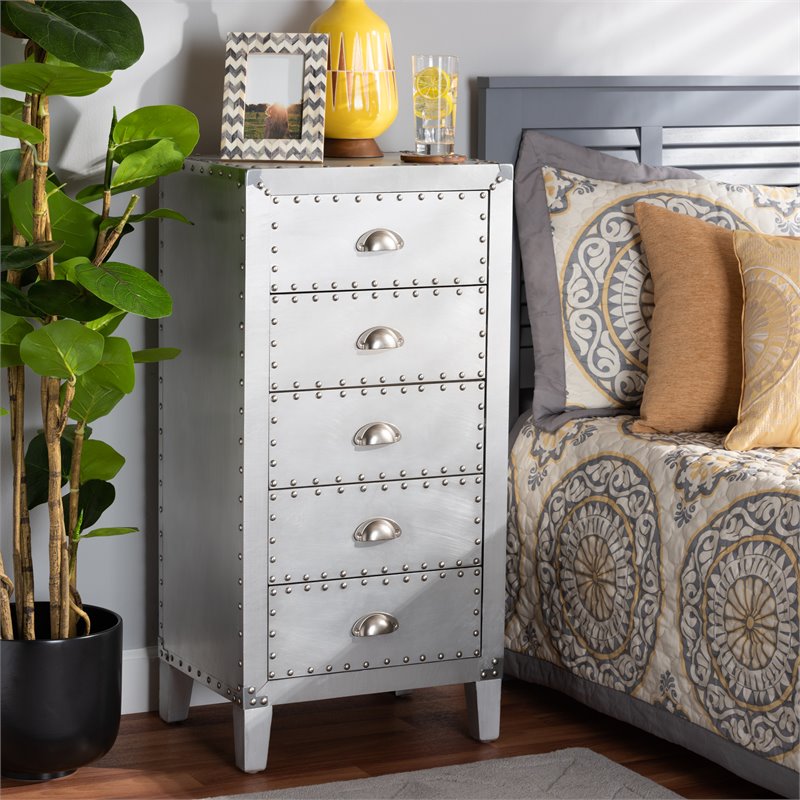 Home Square 2 Piece 5-Drawer Metal Accent Chest Set in Silver