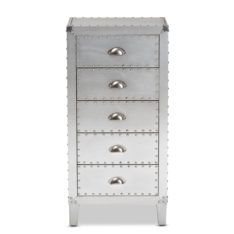 Home Square 2 Piece 5-Drawer Metal Accent Chest Set in Silver