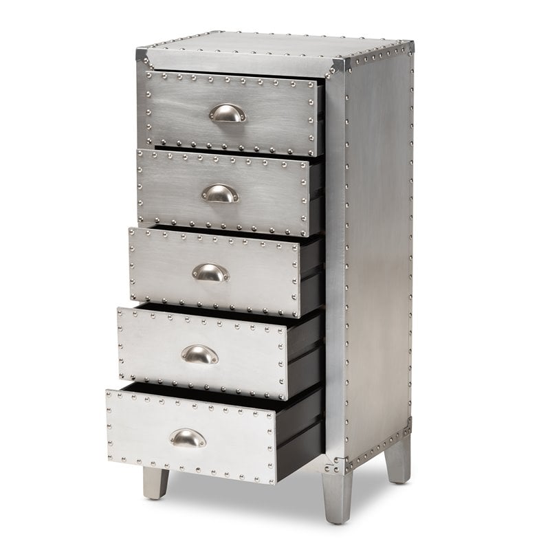 Home Square 2 Piece 5-Drawer Metal Accent Chest Set in Silver