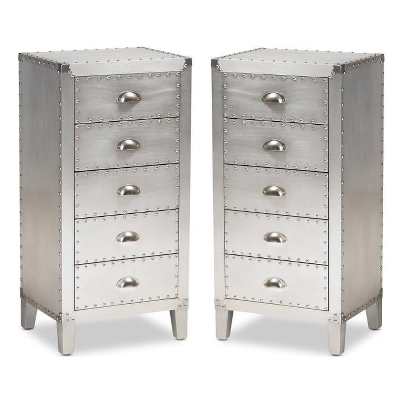 Home Square 2 Piece 5-Drawer Metal Accent Chest Set in Silver