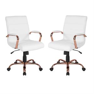 home square 2 piece mid back leather office chair set in white and rose gold