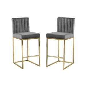 Home Square 2 Piece Upholstered Velvet Counter Stool Set in Gray