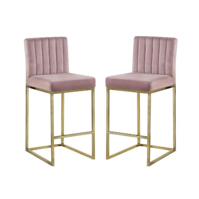 Home Square 2 Piece Upholstered Velvet Counter Stool Set in Pink