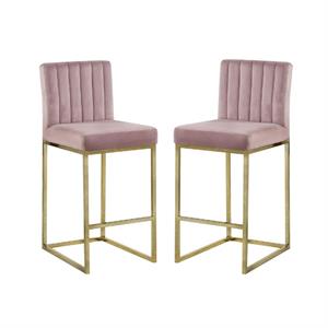 Home Square 2 Piece Upholstered Velvet Counter Stool Set in Pink