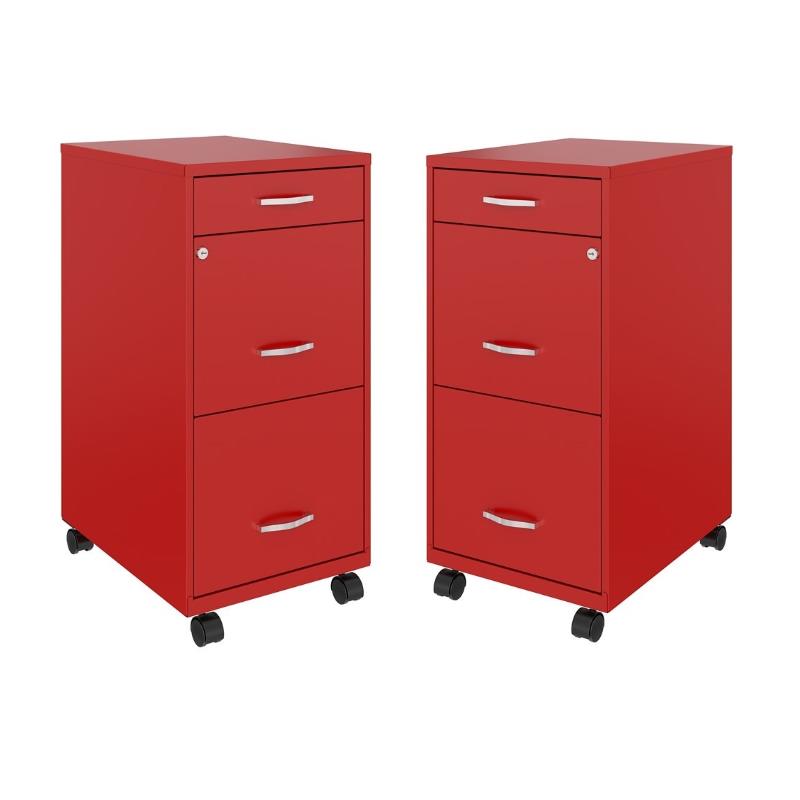 Home Square 3 Drawer Mobile Metal Filing Cabinet Set in Red (Set of 2)