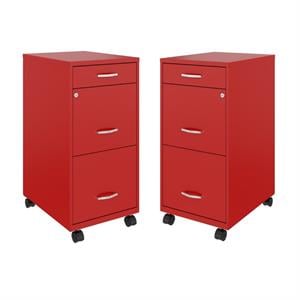 Home Square 3 Drawer Mobile Metal Filing Cabinet Set in Red (Set of 2)
