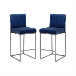 Home Square 2 Piece Upholstered Velvet Counter Stool Set in Navy Blue