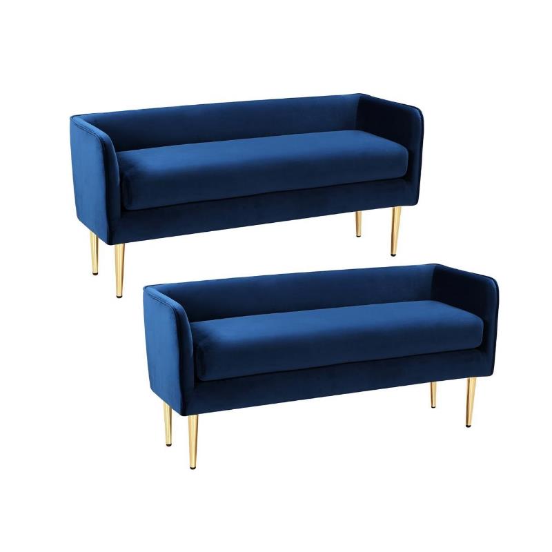 Home Square 2 Piece Contemporary Velvet Bench Set in Navy Blue