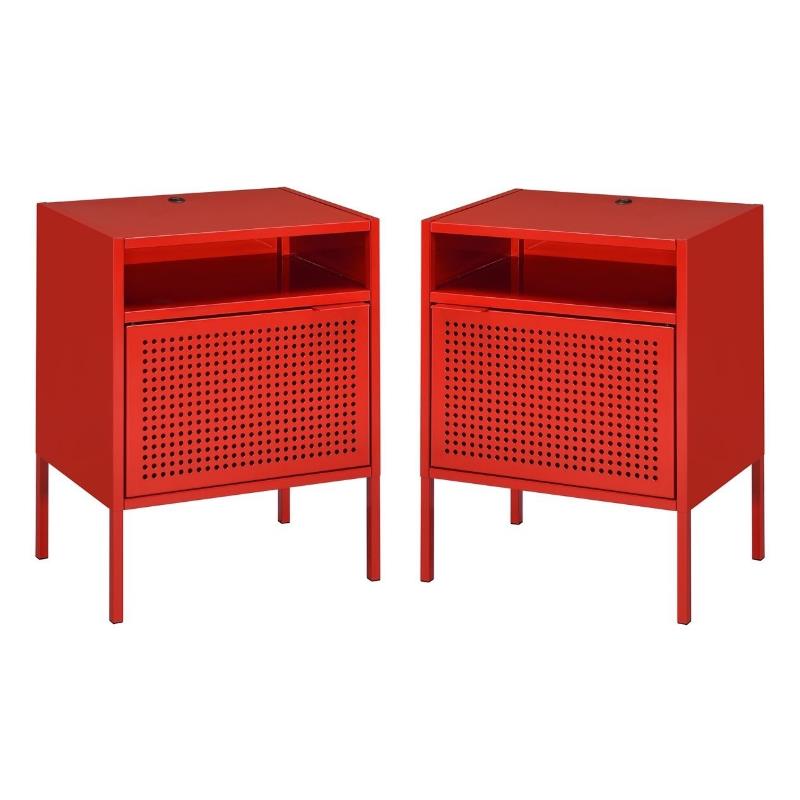 Home Square 2 Piece Metal Nightstand Set with USB Port in Red