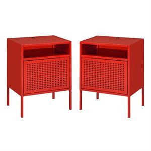 Home Square 2 Piece Metal Nightstand Set with USB Port in Red