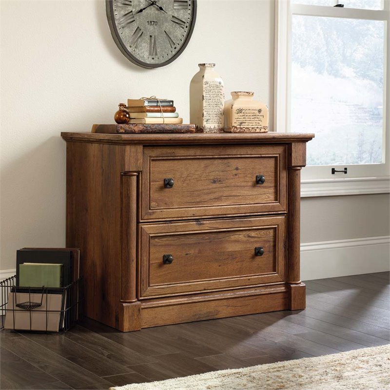 Home Square 2 Drawer Lateral Wood Filing Cabinet Set in Vintage Oak (Set of 2)
