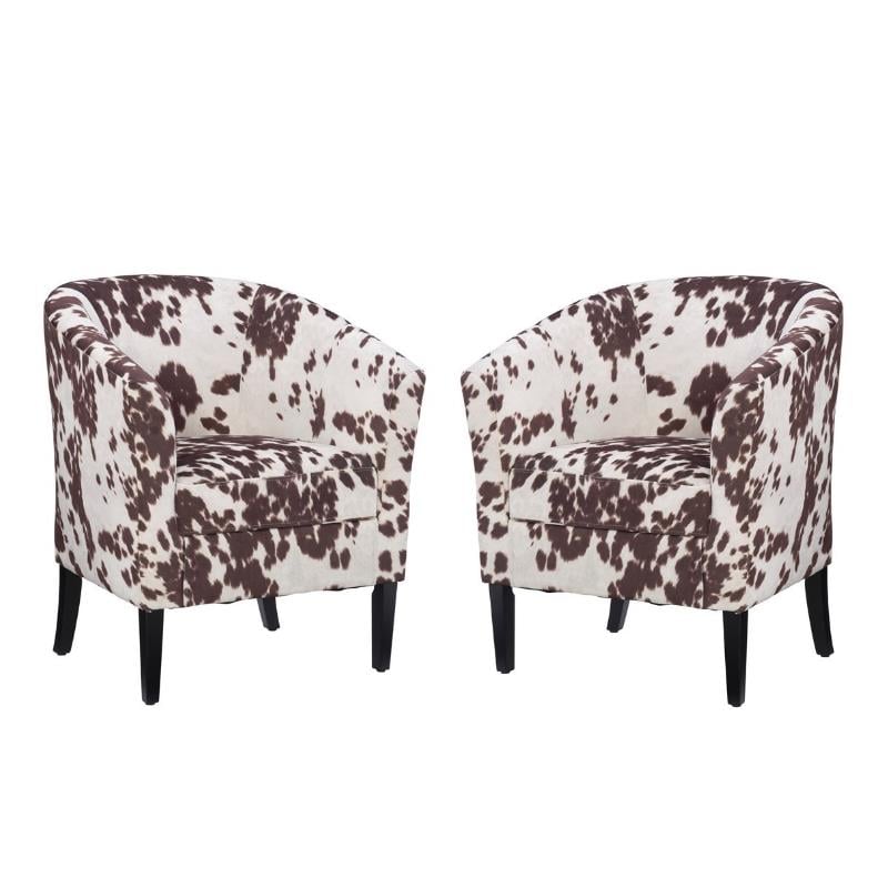 Home Square 2 Piece Wood Upholstered Cowprint Barrel Chair Set in Brown