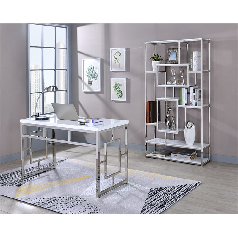 Home Square 2 Piece Contemporary Metal Bookcase Set in White and Silver
