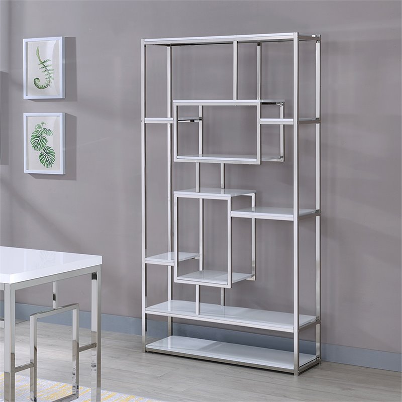 Home Square 2 Piece Contemporary Metal Bookcase Set in White and Silver