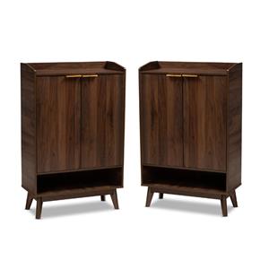 home square 2 piece mid-century lena wood shoe cabinet set in walnut brown