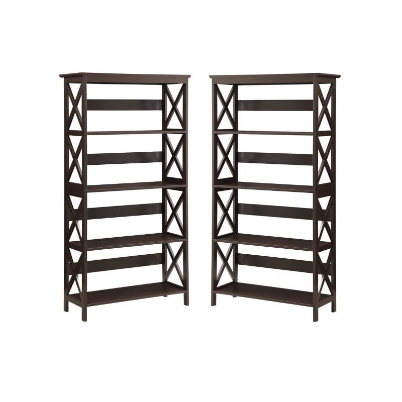 Home Square 5 Tier Shelf Wood Bookcase Set in Espresso (Set of 2)
