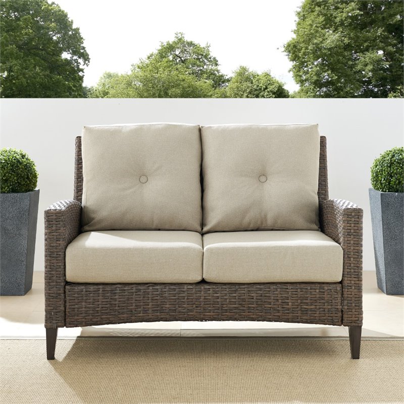 Home Square 2 Piece Outdoor Wicker High Back Loveseat Set in Beige