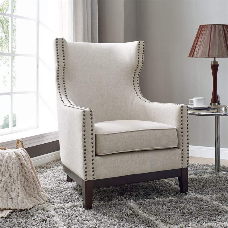 Home Square 2 Piece Linen Accent Chair Set with Nailhead Trim in Beige