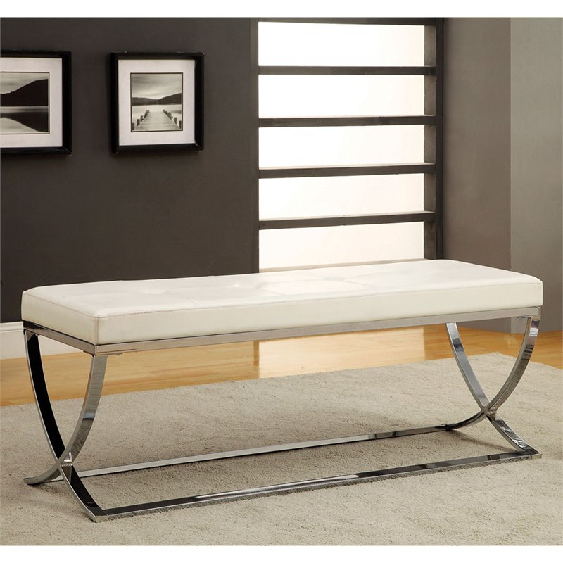 Home Square 2 Piece Tufted Faux Leather Accent Bench Set in White and Chrome