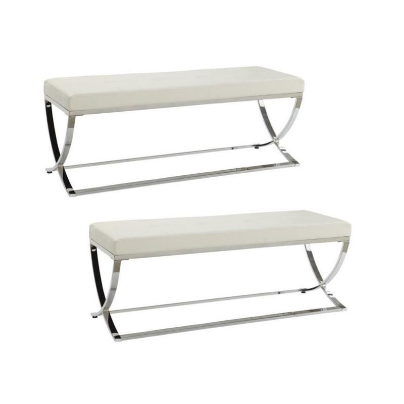 Home Square 2 Piece Tufted Faux Leather Accent Bench Set in White and Chrome