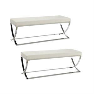 Home Square 2 Piece Tufted Faux Leather Accent Bench Set in White and Chrome