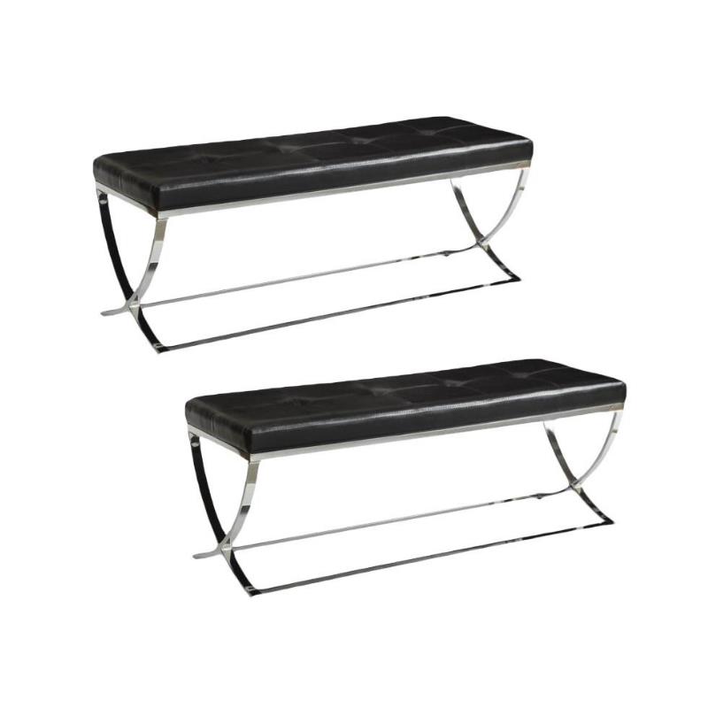 Home Square 2 Piece Tufted Faux Leather Accent Bench Set in Black and Chrome