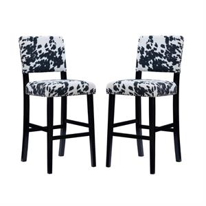 home square 2 piece cow print wood bar stool set in black