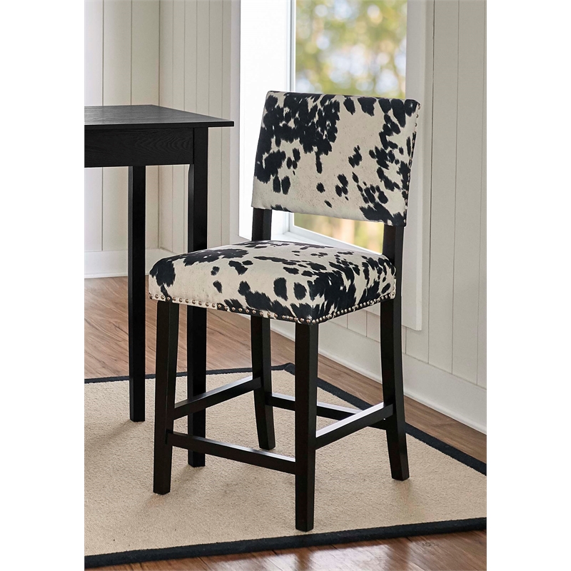 Home Square 2 Piece Cow Print Wood Counter Stool Set in Black