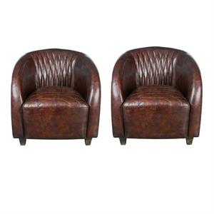 home square 2 piece quilted leather and copper club chair set in chestnut brown